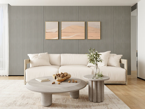 Close-up of silver pear acoustic slat panel showing light wood grain and slat profile