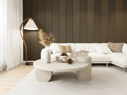 Smoked walnut herringbone acoustic wood panels installed as a dramatic V-pattern feature wall