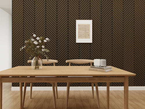 Close-up of smoked walnut herringbone panel showing V-pattern groove and dark grain detail
