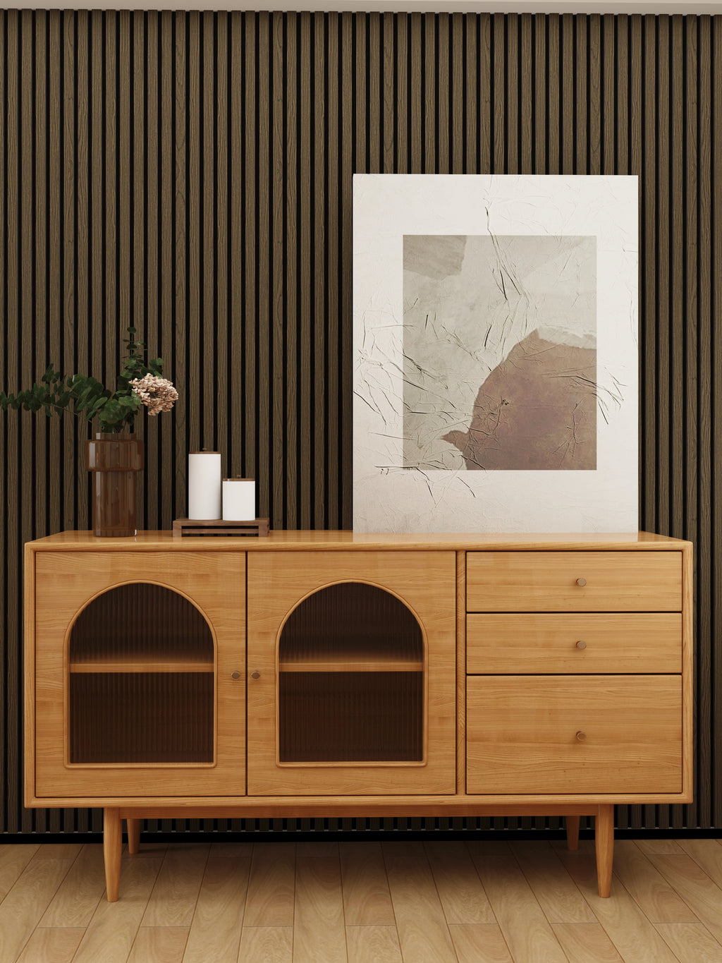 94.5'' x 23.6'' Wood Slat Acoustic Panels, Decorative Soundproof Panels for Walls and Ceilings, 3D Slat Wood Wall Panels-Smoked Walnut