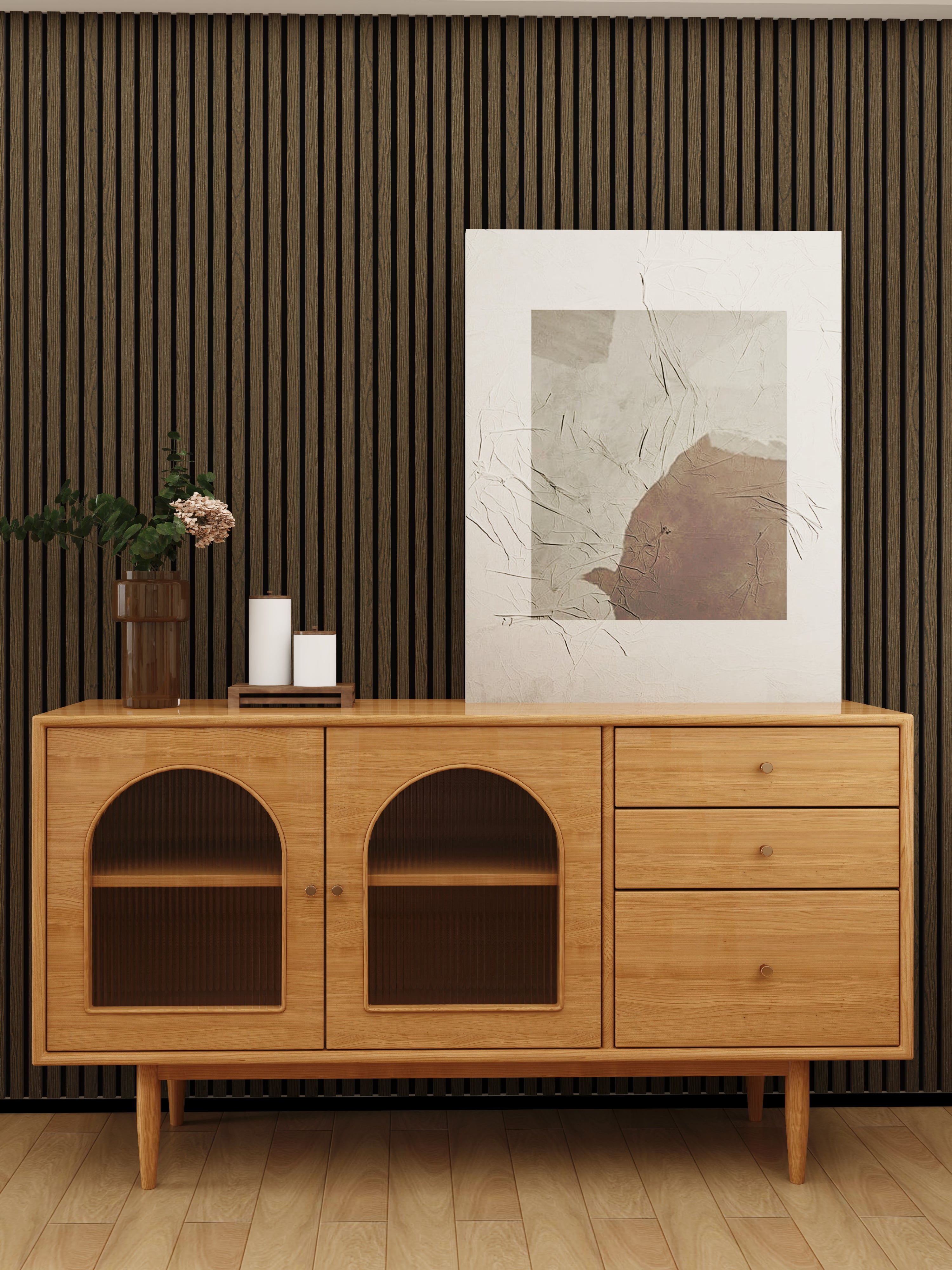 94.5'' x 23.6'' Wood Slat Acoustic Panels, Decorative Soundproof Panels for Walls and Ceilings, 3D Slat Wood Wall Panels-Smoked Walnut