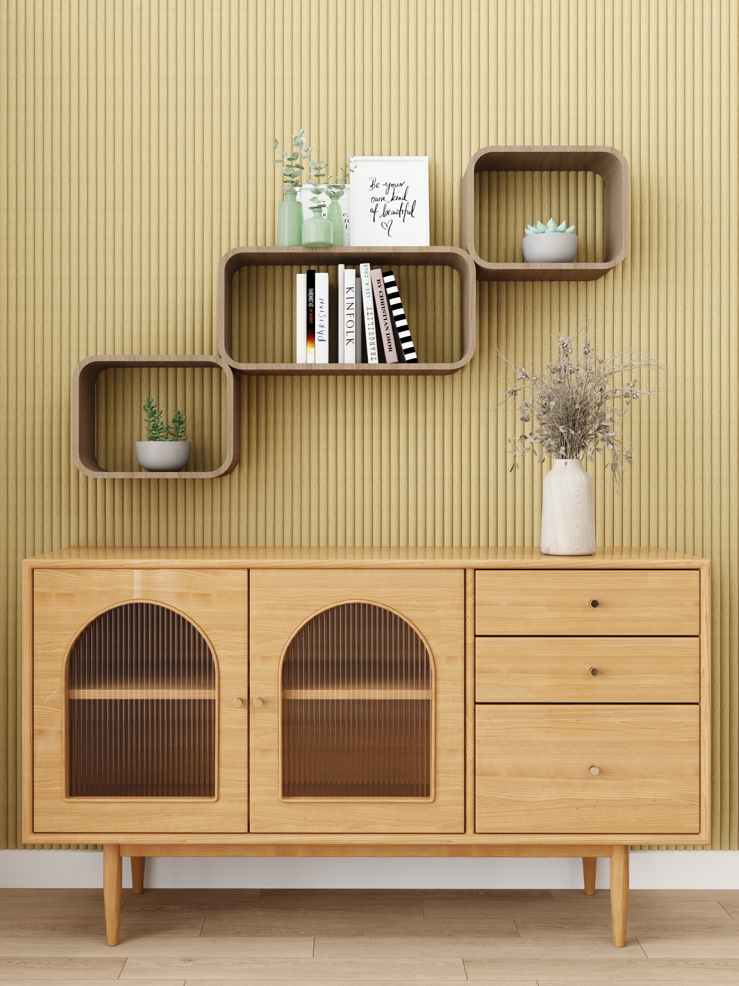 94.5" × 23.6" Flexible Tambour Wall Panel, Semi-Circle, 3D Slat Wood Wall Panels, Interior Design Wood Panels For Walls- White Oak