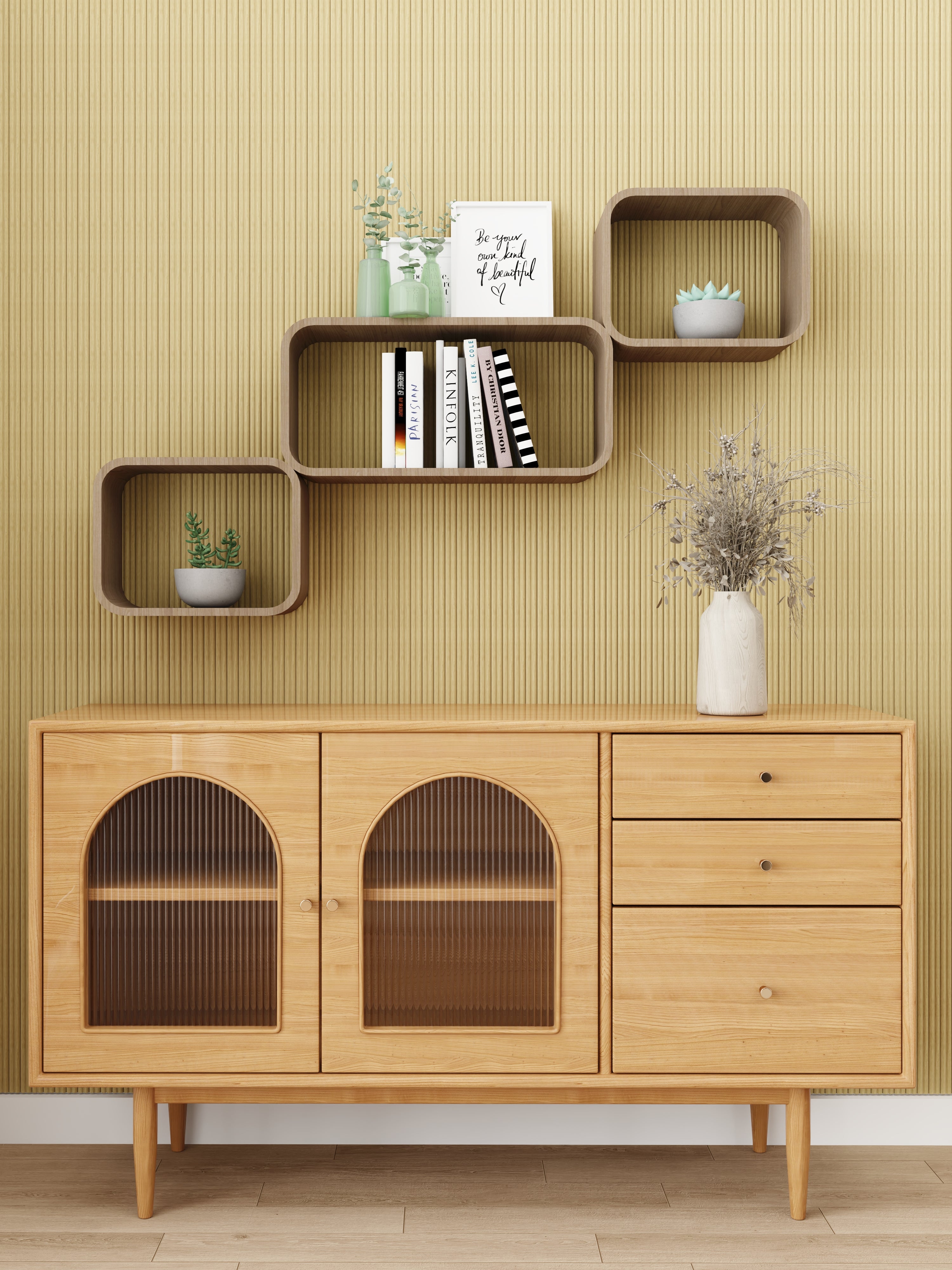 94.5" × 23.6" Double Fluted Flexible Tambour Wall Panel, Semi-Circle, 3D Slat Wood Wall Panels, Interior Design Wood Panels For Walls- White Oak