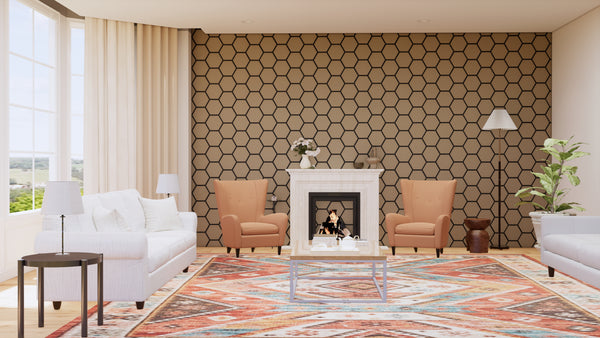Walnut hexagonal acoustic wood panels installed as a geometric feature wall
