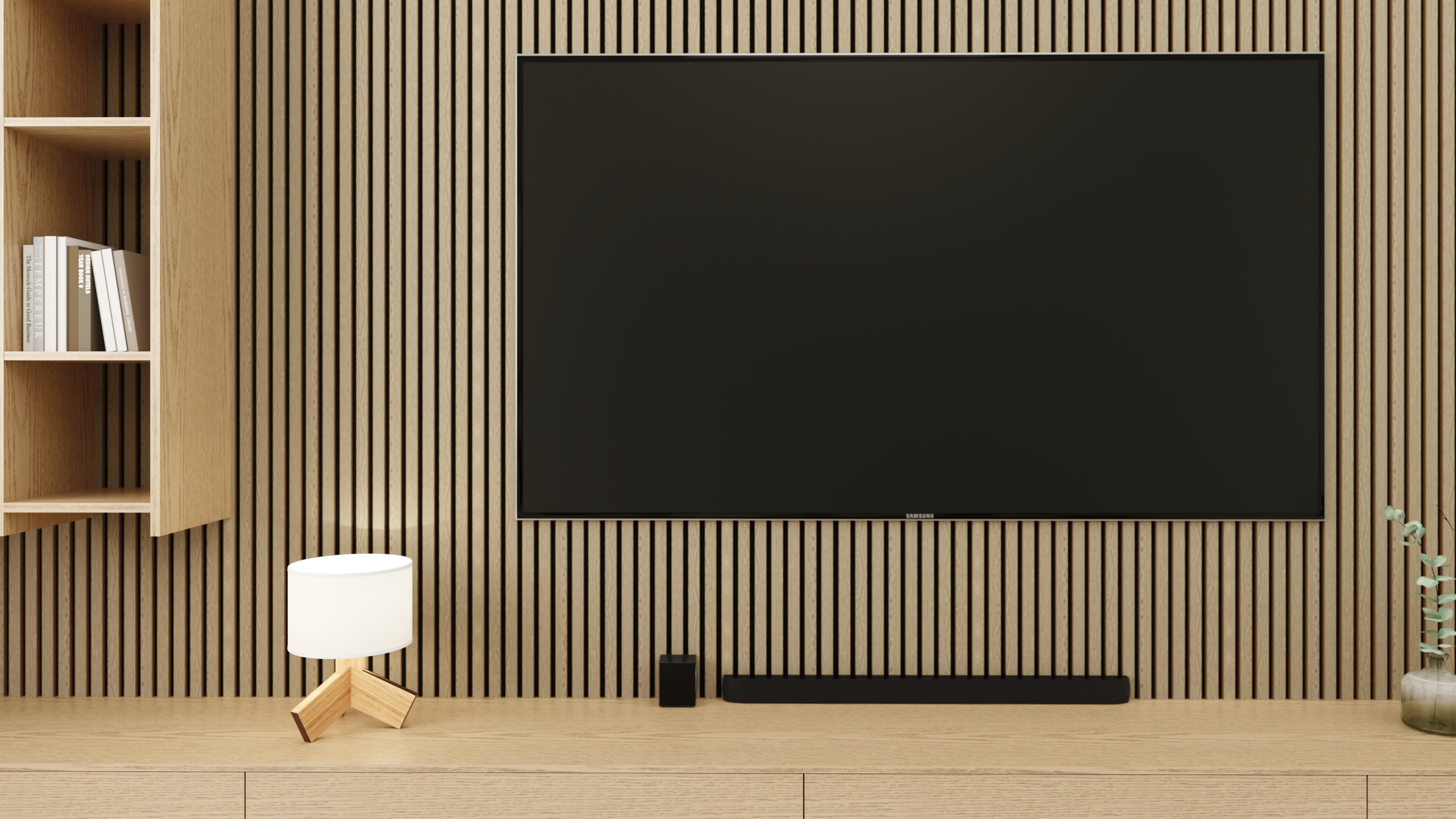 Modern living room with a large flat-screen TV mounted on a wall with horizontal slats.