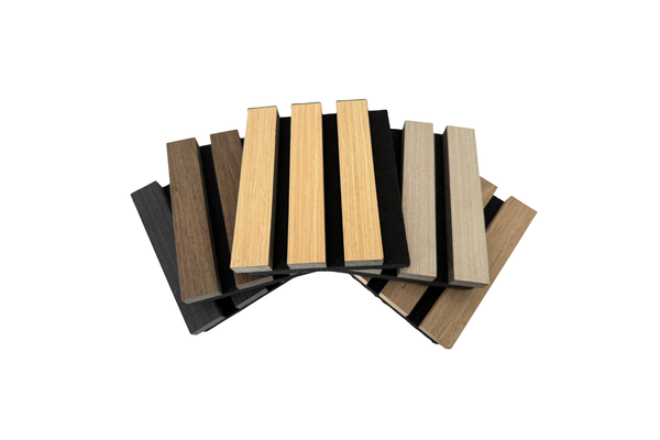 Individual wood slat wall panel samples from Véra Designs showing different wood finishes