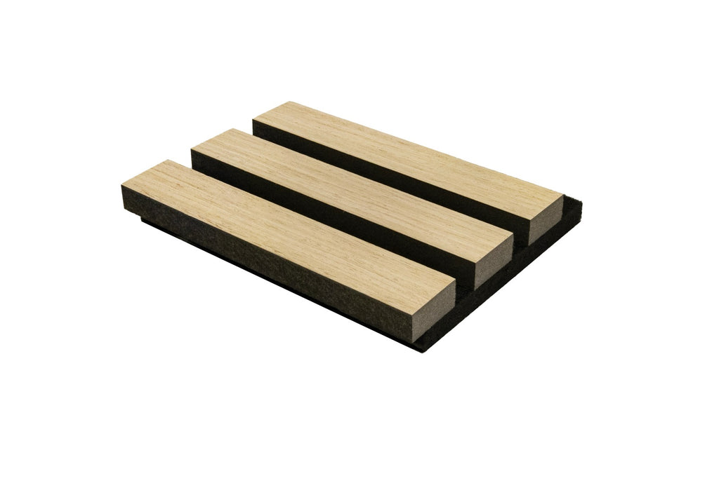 Close-up of white oak wood slat acoustic panel texture and veneer finish