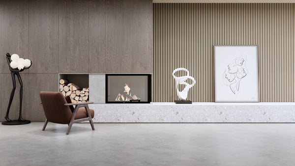 Walnut wood slat acoustic wall panels installed as a full feature wall in a modern living room