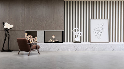 Silver pear wood slat acoustic wall panels installed as a feature wall