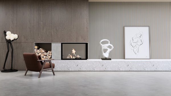 Silver pear wood slat acoustic wall panels installed as a feature wall