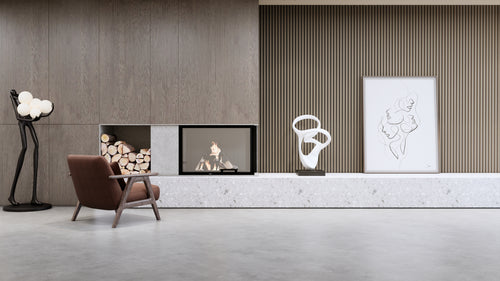Smoked walnut wood slat acoustic wall panels installed as a feature wall in a modern interior