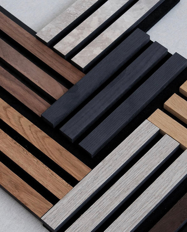 Véra Designs wood wall panel sample box containing swatches of all available finishes